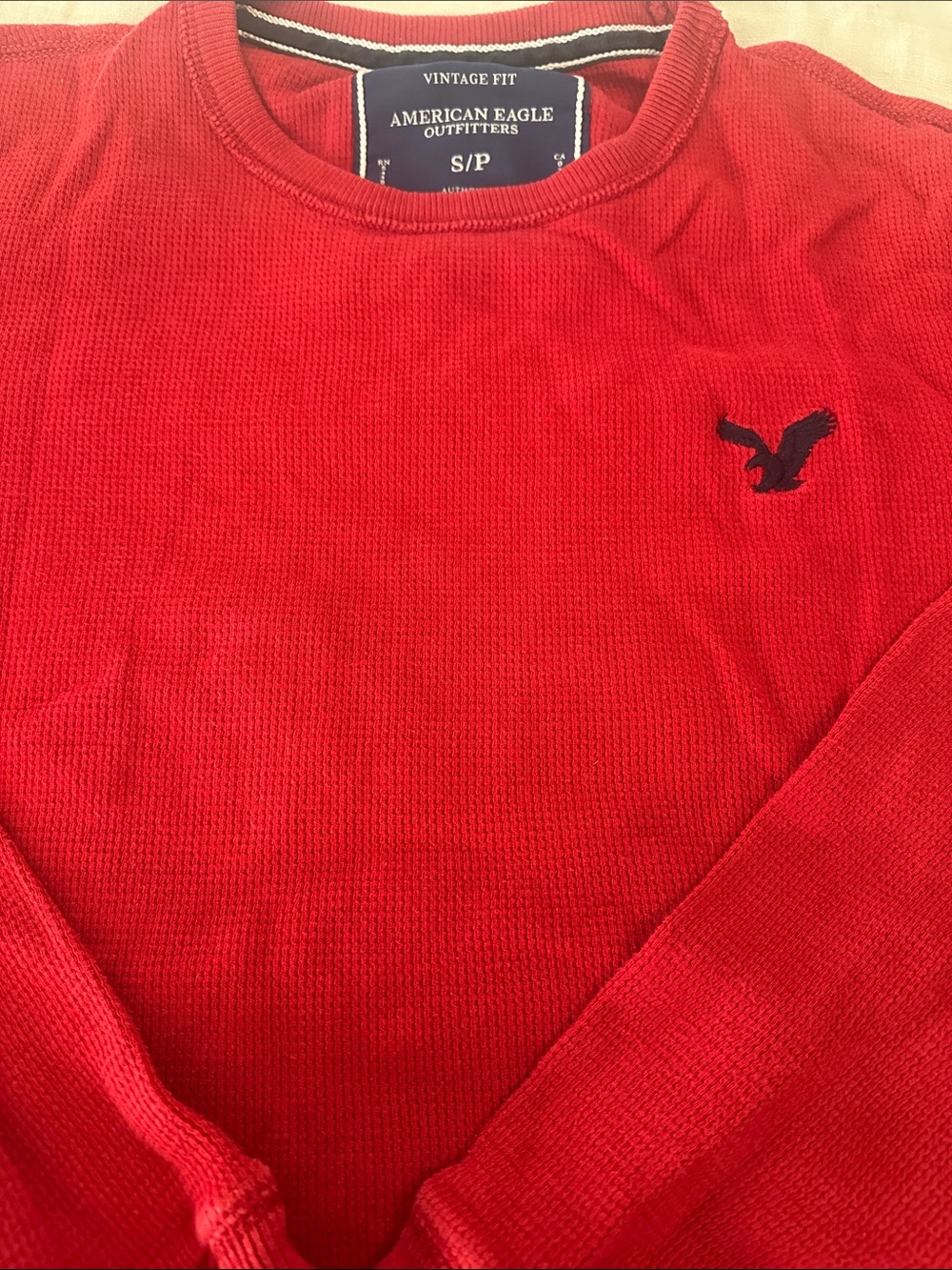 American Eagle Outfitters Red Crewneck Sweater with Navy Logo